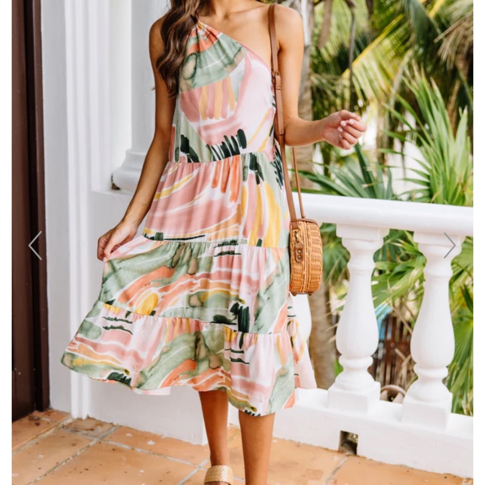 Pink and Sage Green One Shoulder Dress